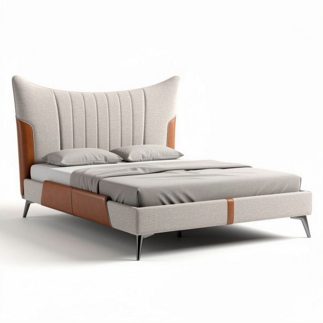 Modern upholstered bed frame with leather accents and sturdy metal legs 210 x 180 x 100cm