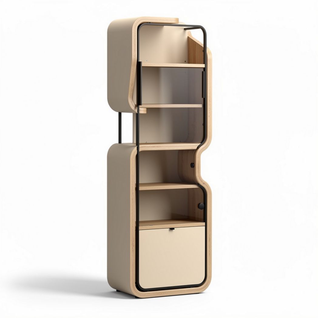 Wooden bookshelf with curved design and metal frame in beige 120 x 60 x 35cm