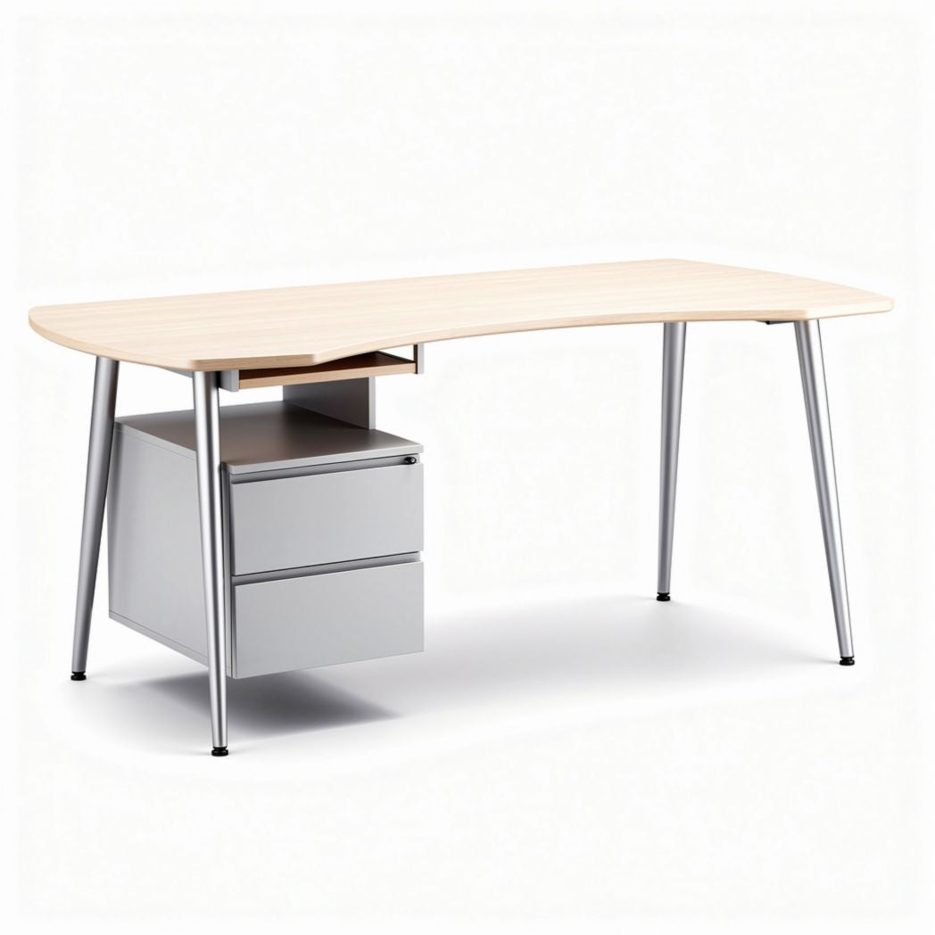 Corner desk with storage drawers inlight oak finish and metal legs 150 x 70 x 75cm