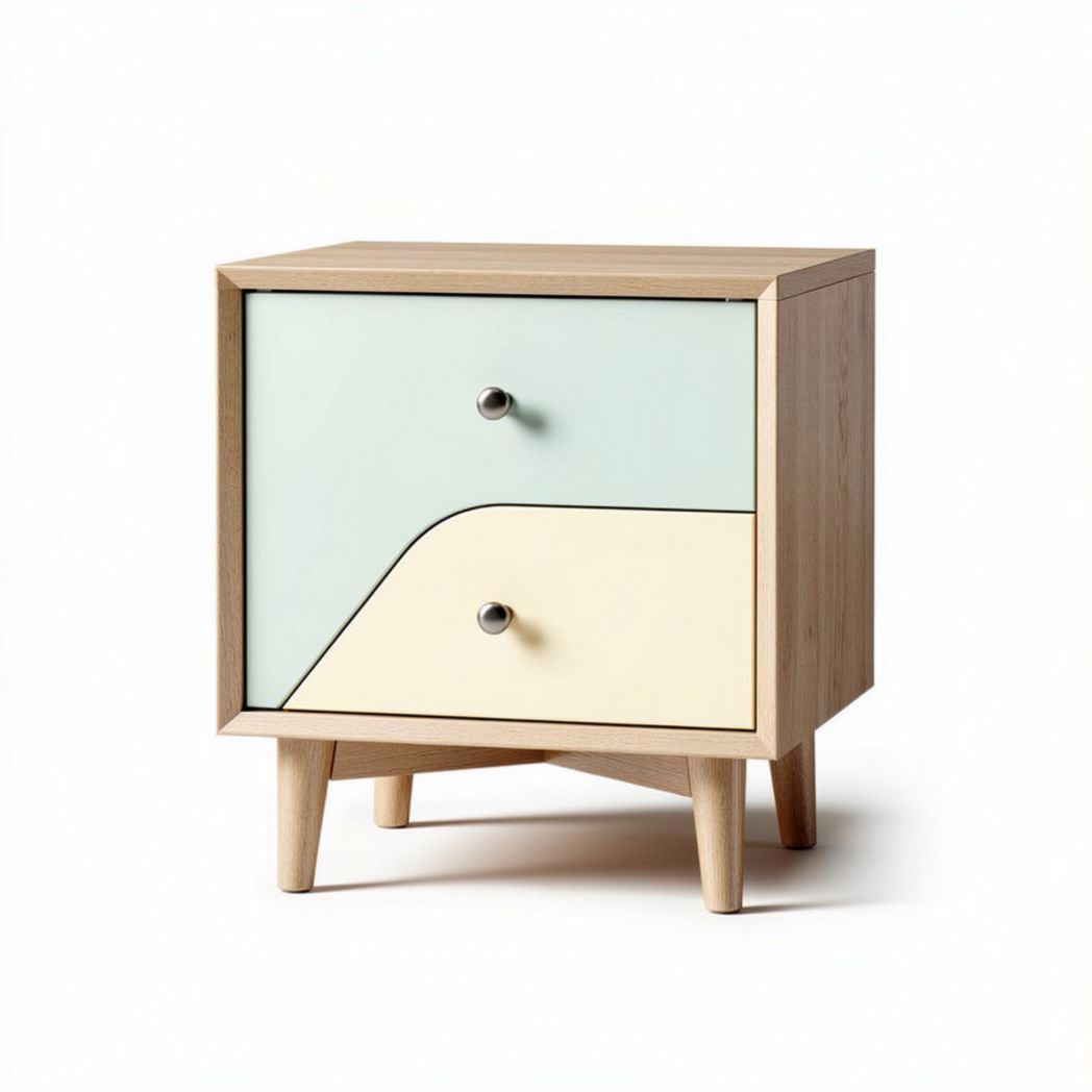 Wooden nightstand with two drawers and pastel-colored front panels 40 x 40 x 50cm