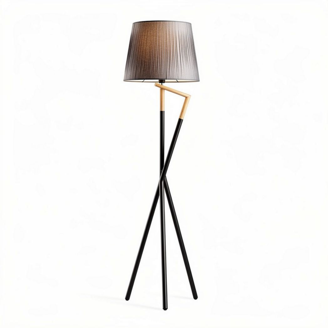 Modern floor lamp with black and wood accents and pleated shade 150 x 50 x 50cm