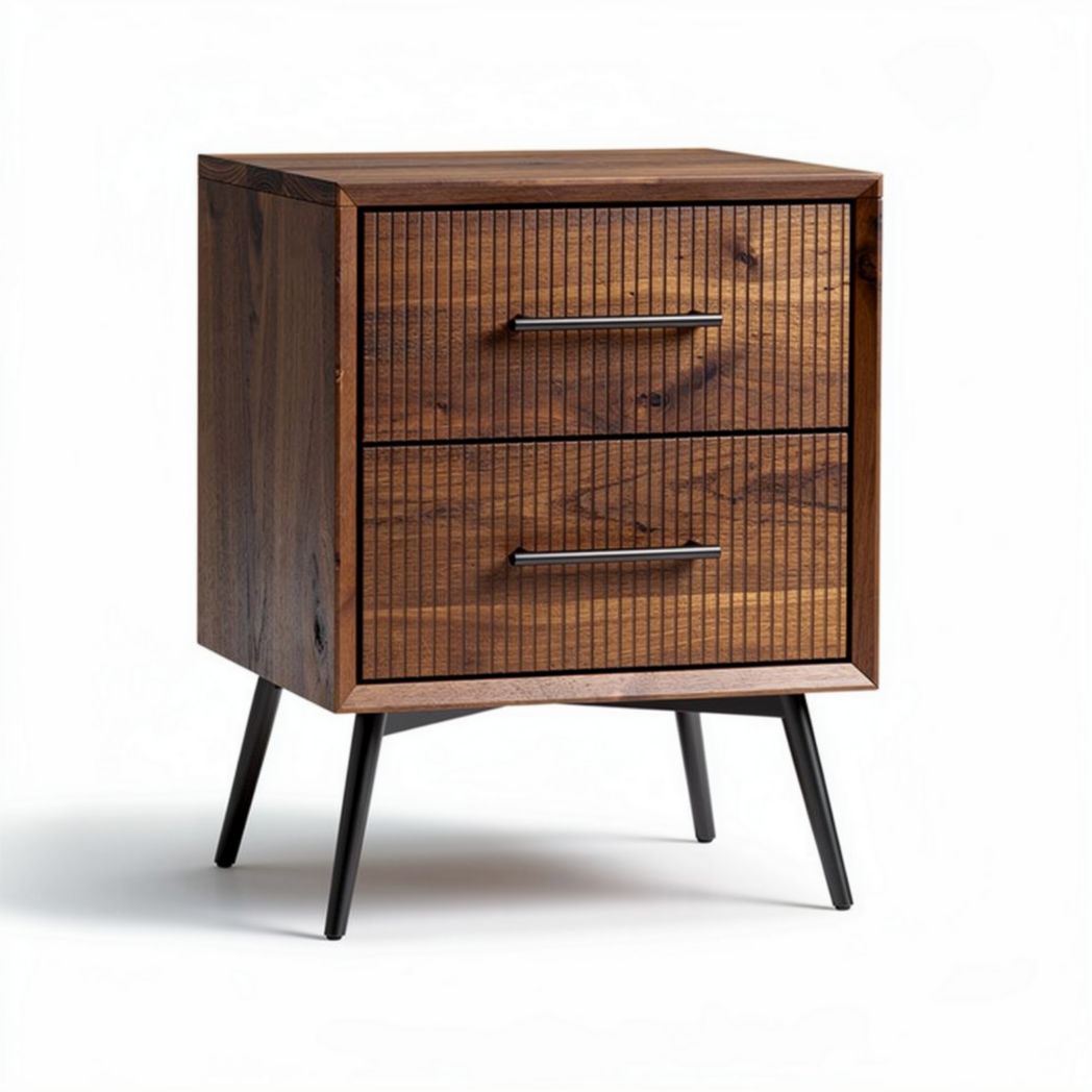Wooden nightstand with two drawers and metal legs in walnut finish 45 x 40 x 50cm