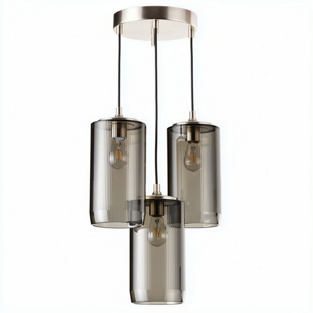 Three-light pendant lamp with smoke glass shades and brushed nickel finish