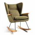 Rocking chair in olive green fabric with wooden armrests and black metal base