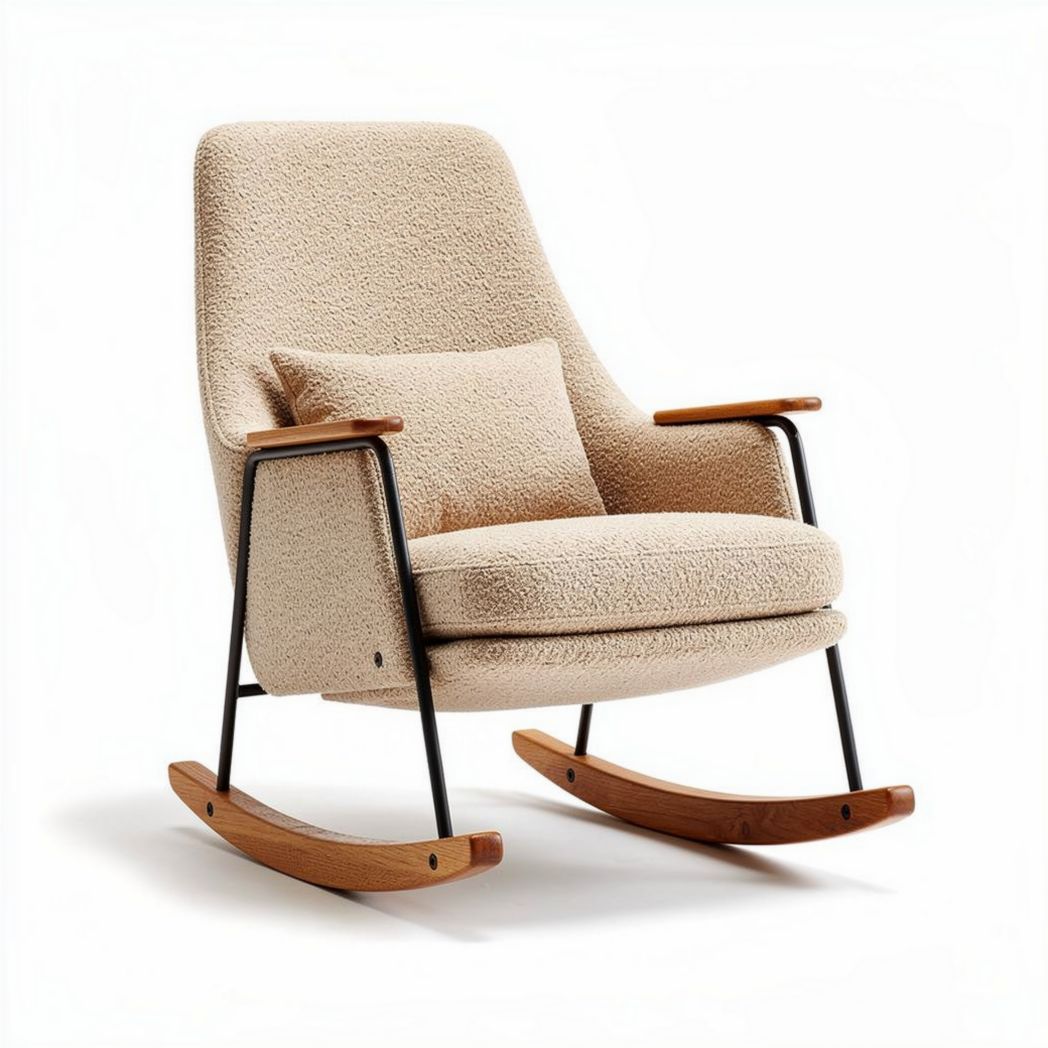 Rocking chair with soft fabric upholstery and wooden armrests in beige 80 x 70 x 100cm