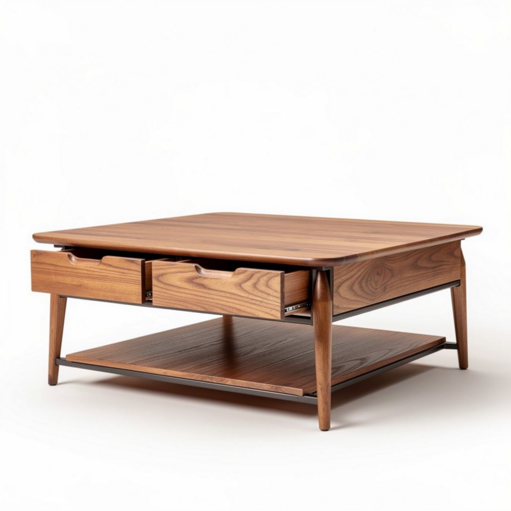Wooden coffee table with two drawers and a lower shelf 90 x 90 x 40cm