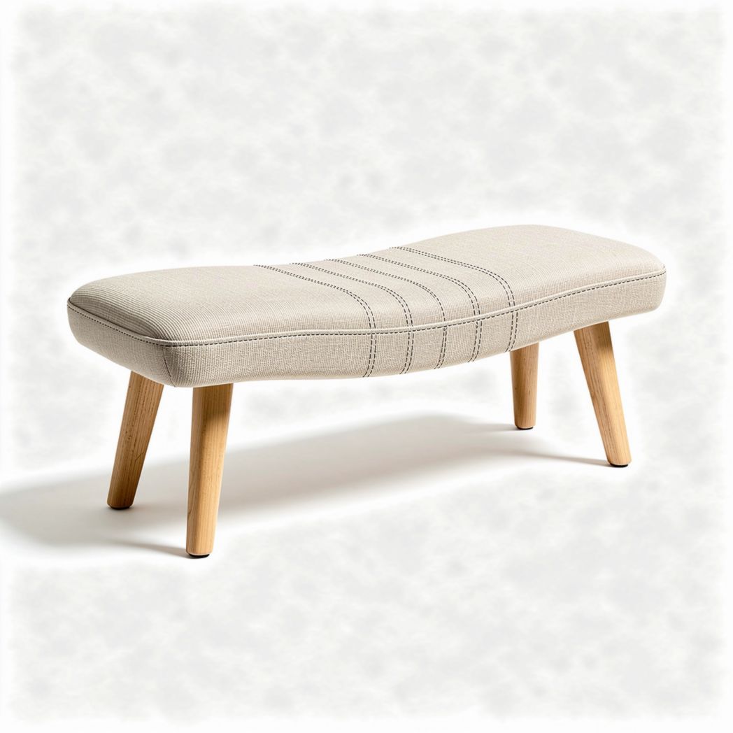 Upholstered bench in beige fabric with wood legs 110 x 40 x 45cm