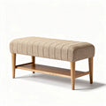 Upholstered bench with wooden legs and storage shelf in beige 90 x 40 x 40cm